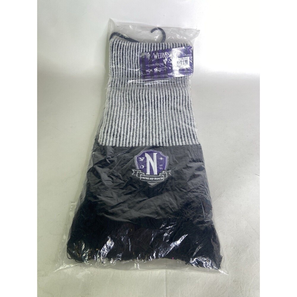 Wednesday Addams Gothic Black White Striped Knit Scarf Crest Logo Fringe NEW